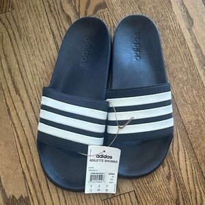 Adidas Adilette Slides in Dark Blue and White
